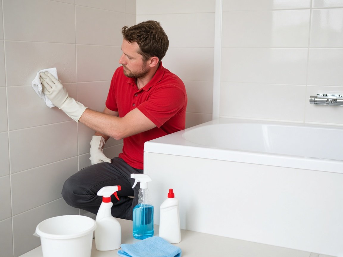 Cleaner scrubbing bathroom tiles during a deep clean