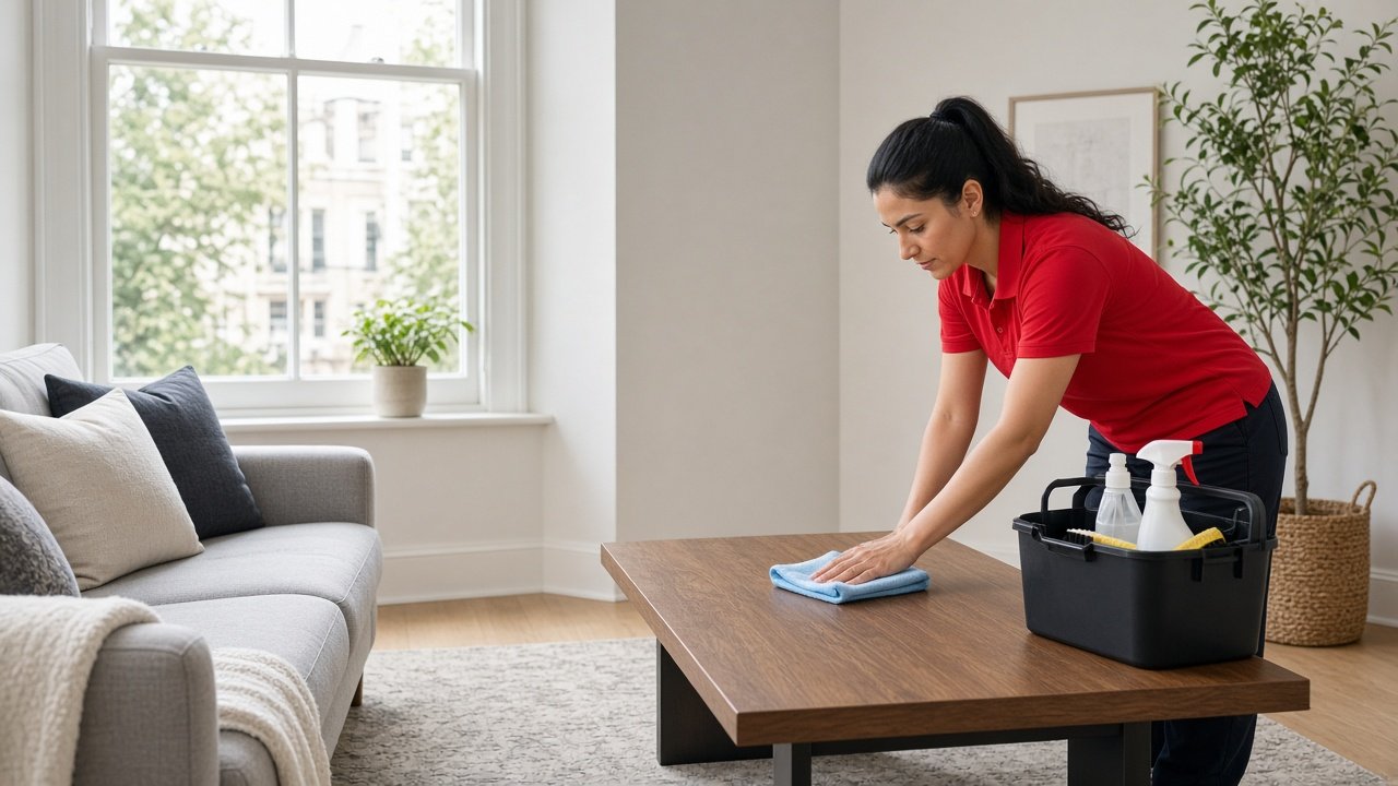 Cleaner wiping a coffee table in a bright living room