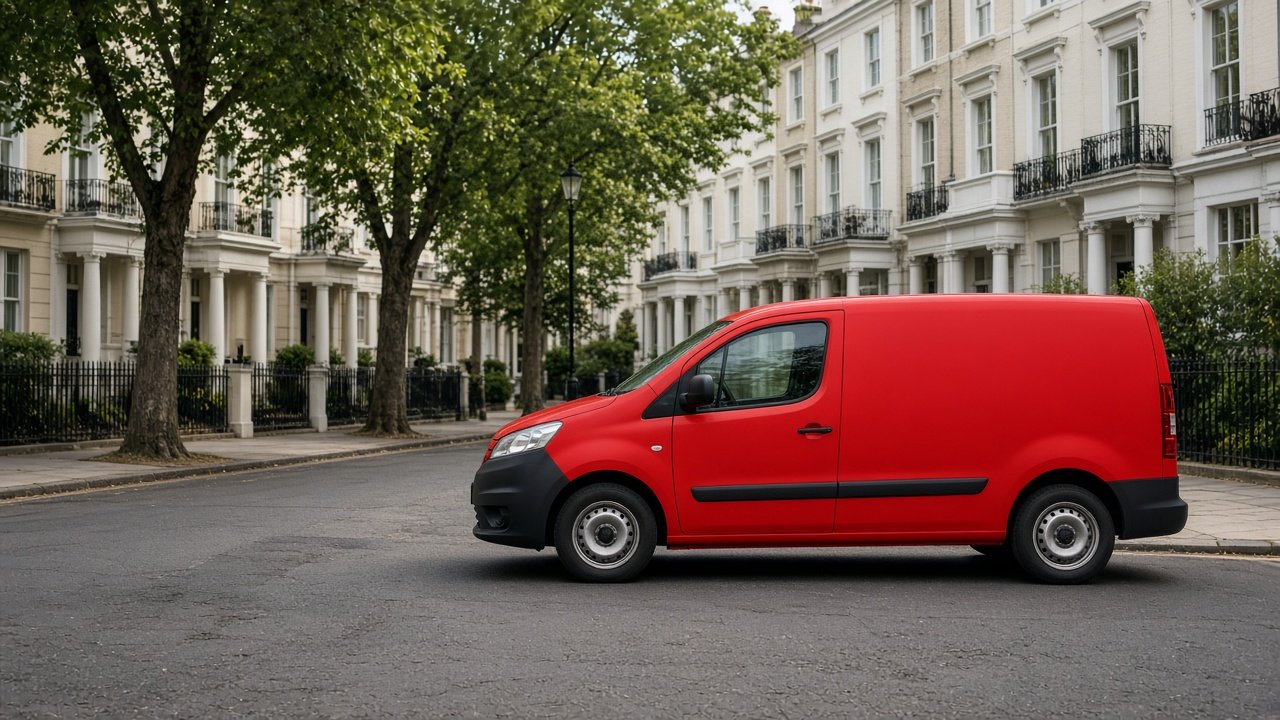 Plain red delivery van on a London street