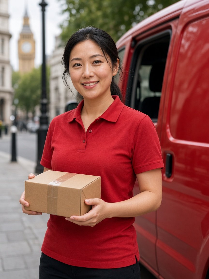 Courier holding a parcel beside a red delivery van