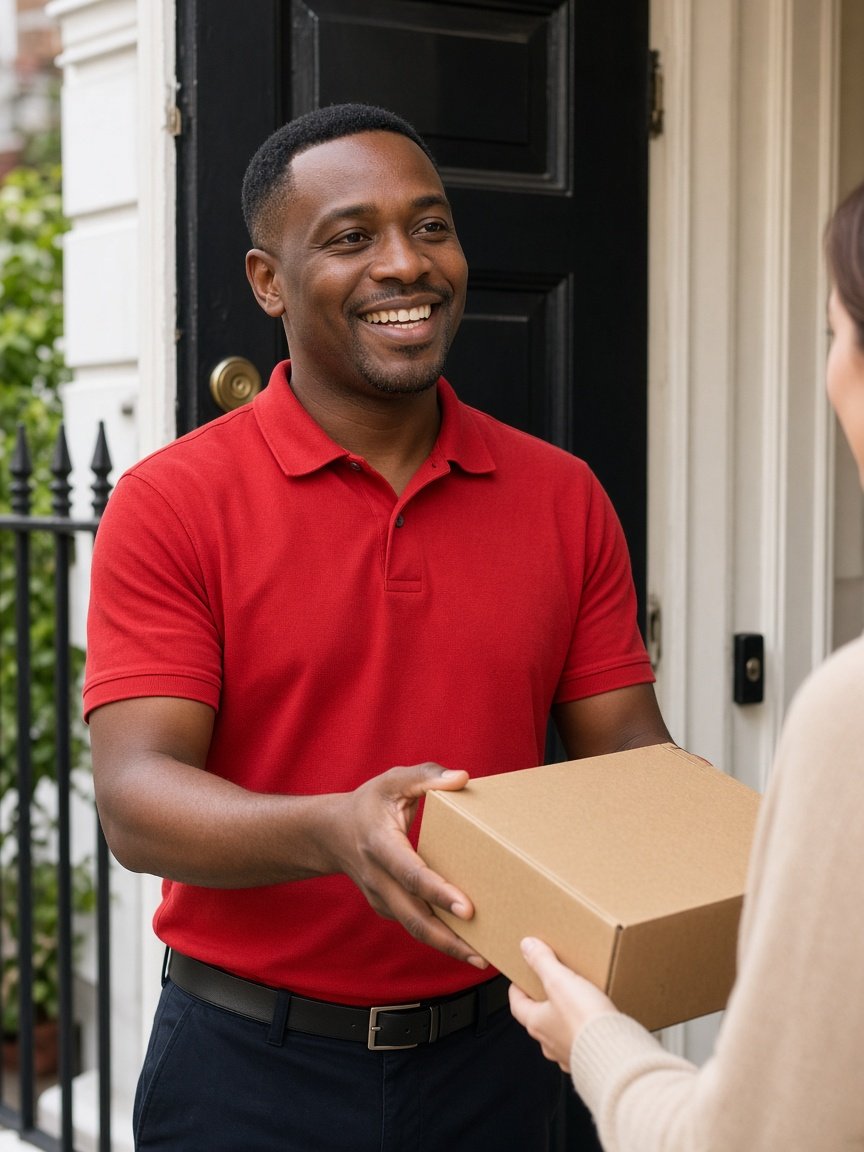 Courier handing a parcel to a customer at a London door